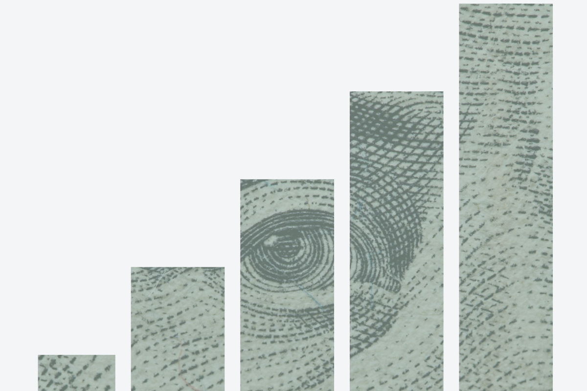 wealth management: a bar graph made from parts of a dollar bill, trending upwards